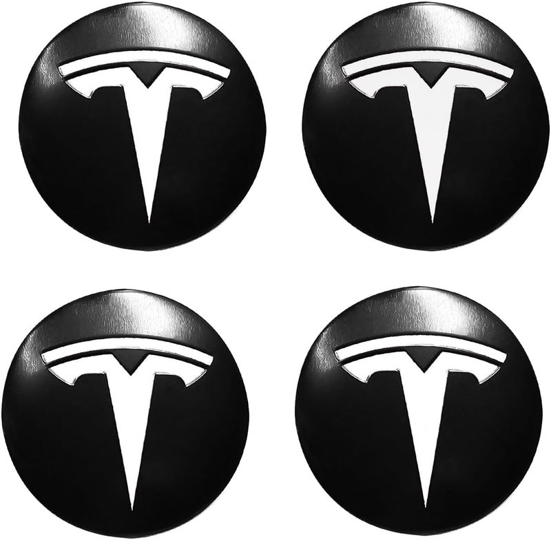 Knomix 4 Pack Aluminum Waterproof Wheel Cover Center Emblem Sticker for Tesla Model 3 Model Y 56mm Hubcaps Wheel Rim Cover (Matte Black+Silver Emblem) - Image 1